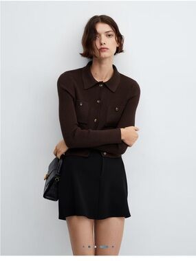 Mango Ribbed Button-Up Cardigan Cropped Size Medium Chocolate Brown Small